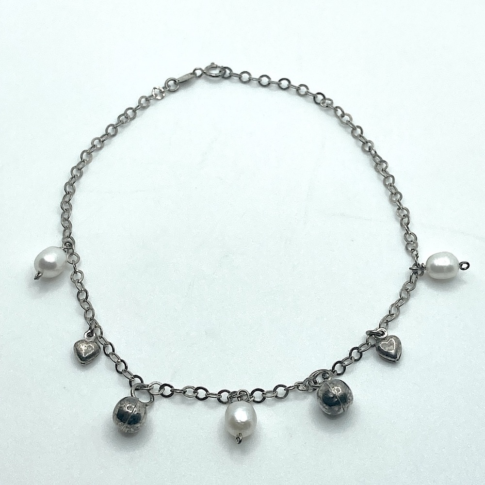 𝅺vtg Sterling & Pearl Charm Anklet - Silver Hearts Balls & Real Pearl 9.5”